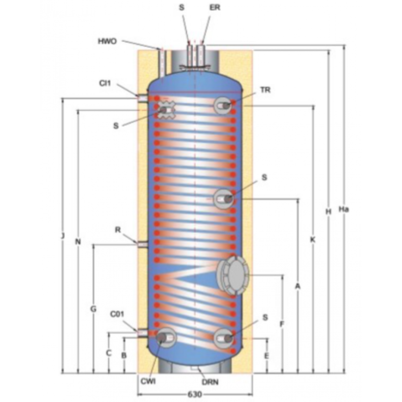 Boiler λεβητοστασίου για αντλία θερμότητας με ενα εναλλακτη 200 ΛΙΤΡΑ